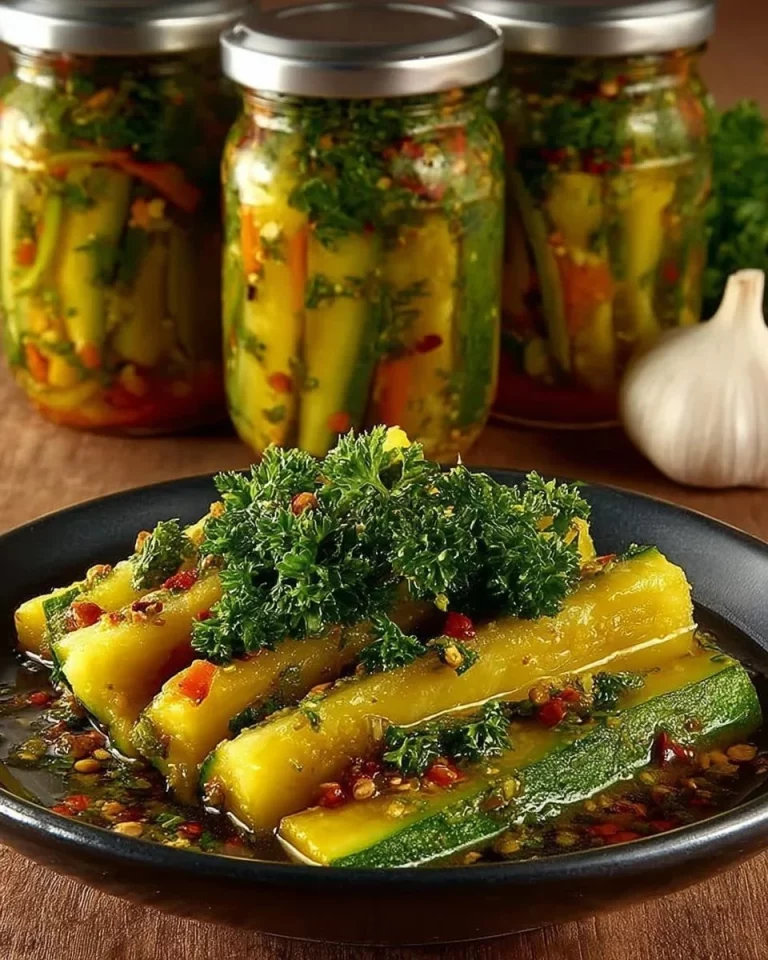 Homemade pickled zucchini in jars with spices and herbs