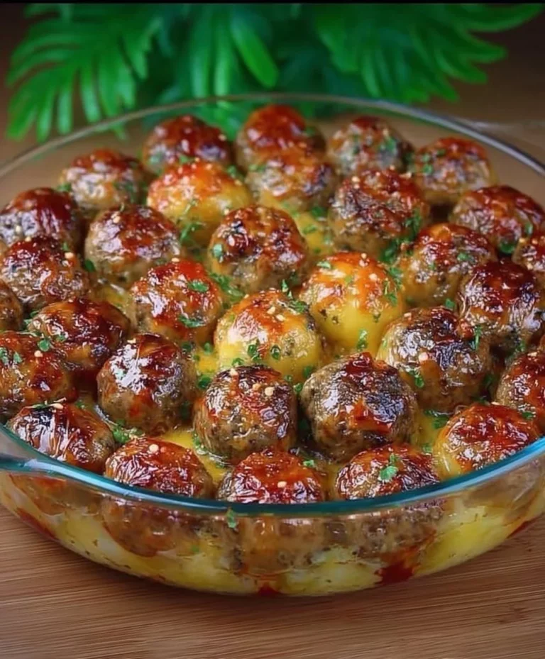 Baked potato and meatball dish topped with cheese and herbs, ready to serve.