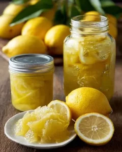 A jar of homemade preserved lemons on a wooden table, showcasing vibrant color and texture.