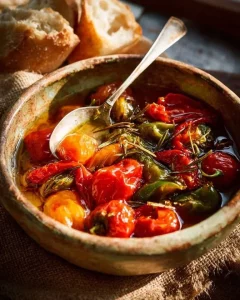 Jar of preserved peppers in oil showcasing vibrant colors and flavors.