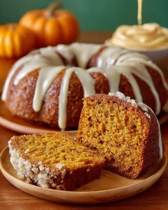 Delicious homemade pumpkin spice cake topped with cream cheese frosting.