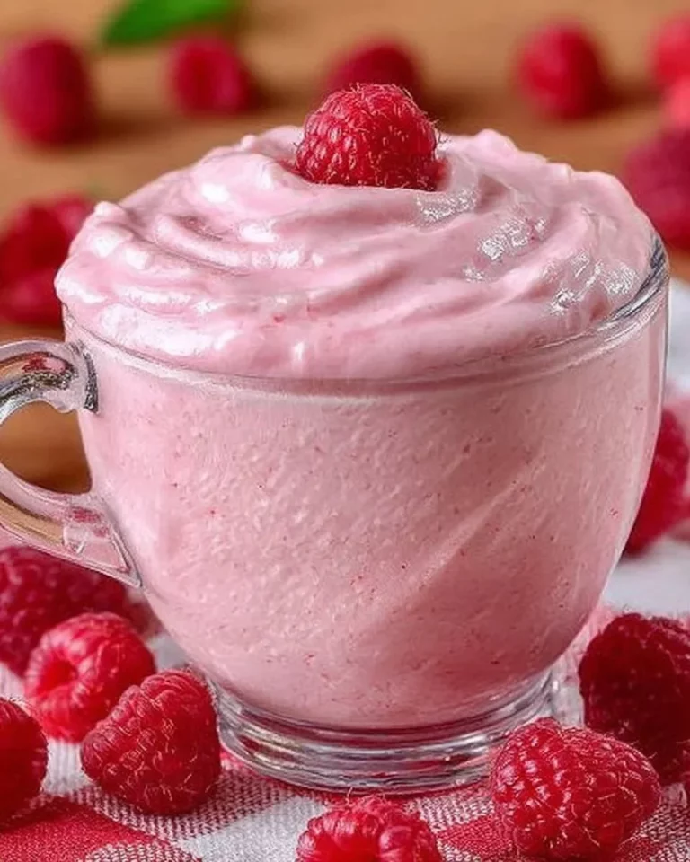 Delicious homemade raspberry mousse in a glass topped with fresh raspberries