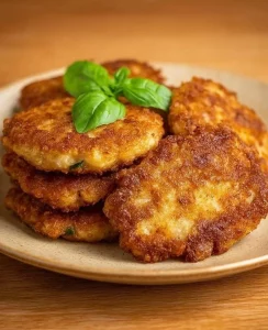 Deliciously crispy rye bread fritters served with a dipping sauce.