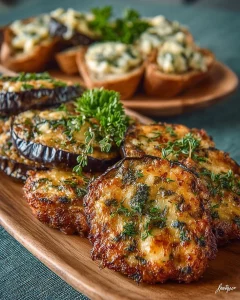 Savory eggplant bites with Comté cheese on a serving platter