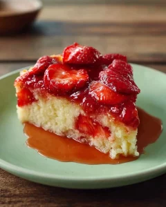 Delicious strawberry cake with fresh strawberry sauce on top