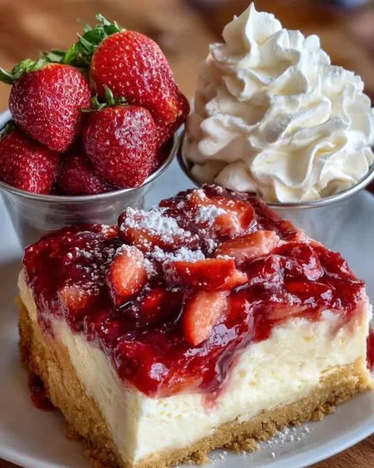 Delicious strawberry dump cake topped with fresh strawberries and whipped cream