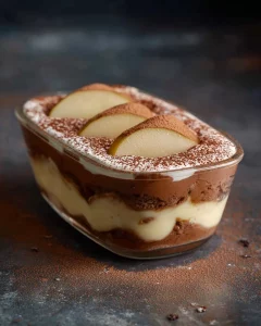 Tiramisu with pears served on a white dessert plate