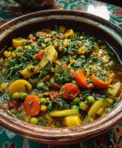 Delicious Vegetable and Pea Stew in a bowl surrounded by fresh vegetables