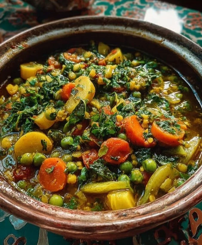 Delicious Vegetable and Pea Stew in a bowl surrounded by fresh vegetables
